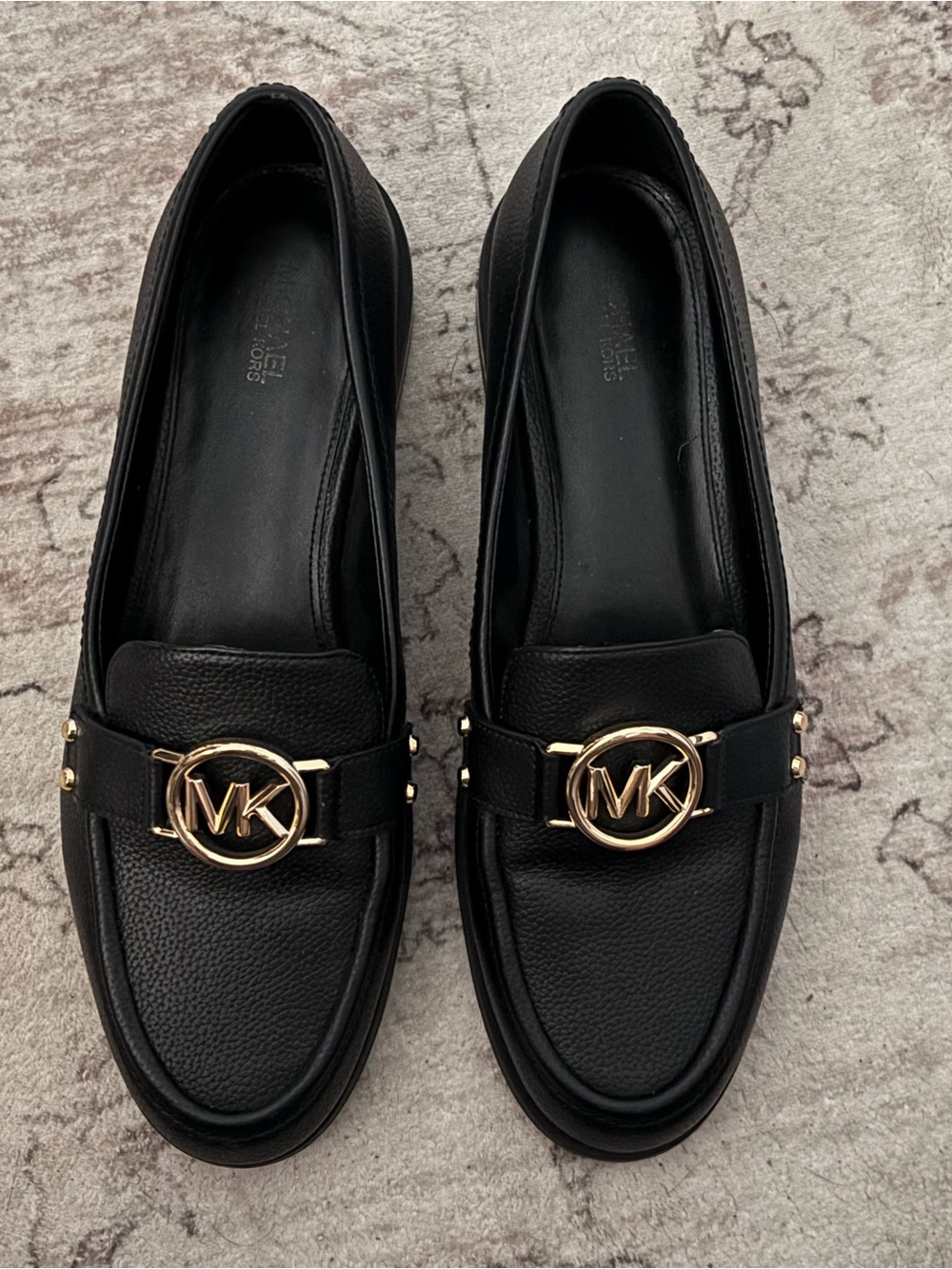 Michael Kors Black Leather Loafers with Gold MK Emblem